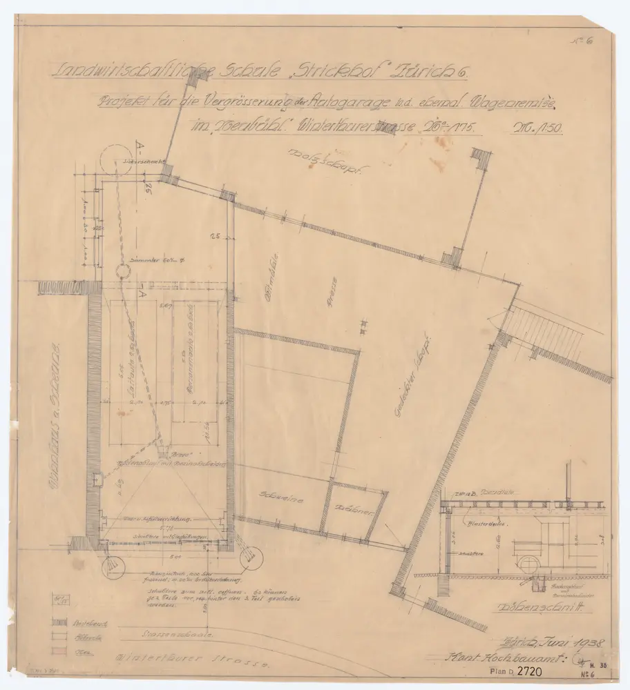 Neubühl, Landwirtschaftliche Schule Strickhof: Projektierte Vergrösserung der Autogarage in der ehemaligen Wagenremise; Grundriss
