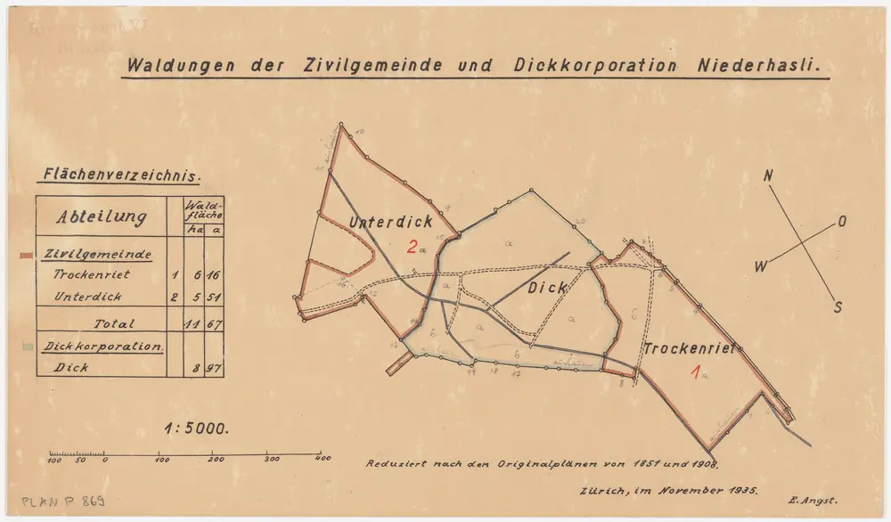 Niederhasli: Zivilgemeinde- und Dickkorporation-Waldungen Trocheriet (Trockenriet), Dick, Under Dick; Grundriss