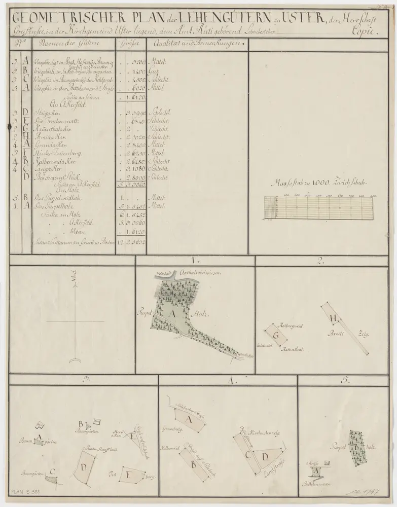 Uster: Dem Amt Rüti gehörende Lehengüter; Grundrisse und Tabelle