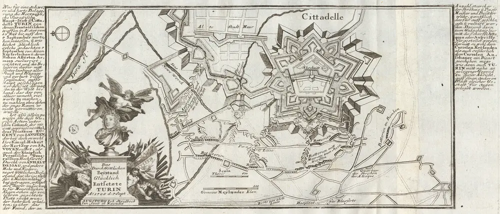 Das Durch Göttlichen Beÿstand Glücklich Entsetzte Turin A.o 1706 d: 7 Sept. [Karte], in: Curioses Staats und Kriegs Theatrum Dermahliger Begebenheiten, S. 96.