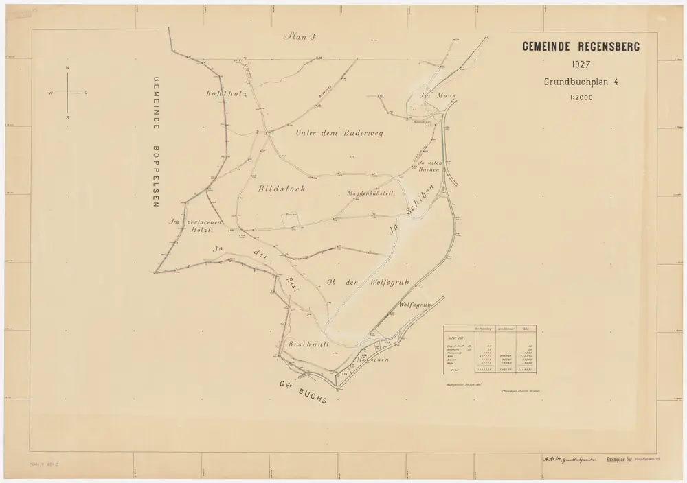 Regensberg, Steinmaur: Waldungen: Regensberg: Waldungen Cholholz (Kohlholz), Moos, Unter dem Baderweg, Bildstock, Im verlorenen Hölzli, Mägdenchüestel (Mägdenkühstelli), In alten Buechen (Buchen), Schiben, Risi, Ob der Wolfsgrub, Risihäuli, Ob der Wolfsgrueb (Wolfsgrub), Mötschen; Grundriss