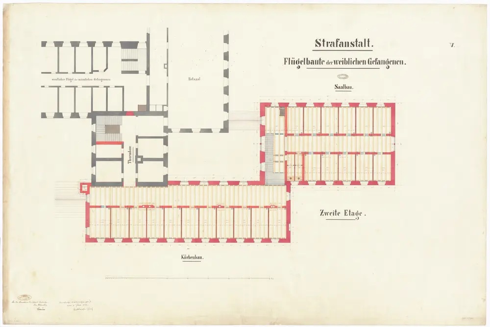 Kantonale Strafanstalt Oetenbach: Um- und Ausbau; Frauenabteilung, Küchenbau, Saalbau und Turmbau, 2. Stock; Grundrisse