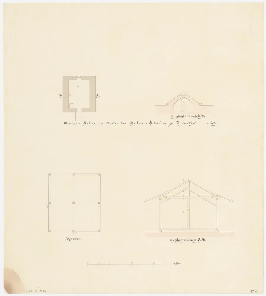 Turbenthal: Pfarrscheune und Gemüsekeller; Grundrisse und Querschnitte (Nr. 4)