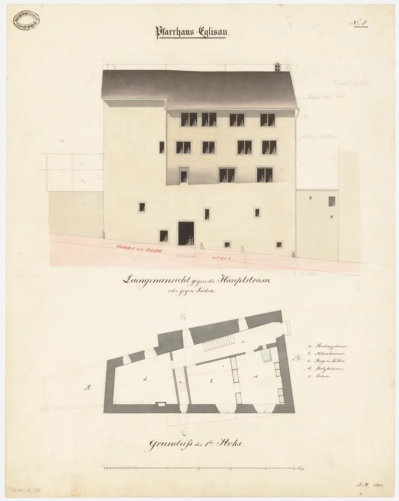 Eglisau: Pfarrhaus; Südansicht und Grundriss des 1. Stocks (Nr. 5)