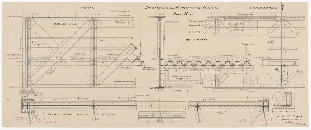 Höri: Fachwerkbrücke über die Glatt in Oberhöri; Ansicht, Grundriss und Schnitte