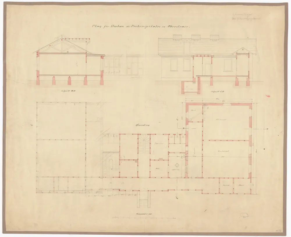 Pockenspital Oberstrass: Umbau; Grundriss und Schnitte