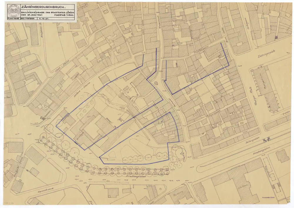 Situationsplan des projektierten Zähringerdurchbruchs nach der Baulinieneingabe des Stadtrates Zürich vom 27.06.1941