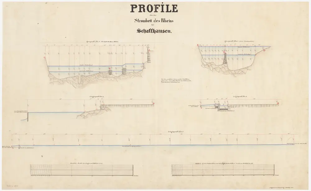 Feuerthalen, Schaffhausen: Von der Rheinbrücke bis zur oberen Mühle, Strombett des Rheins; Querprofile und Längsprofil (Rhein-Gebiet Nr. 2)