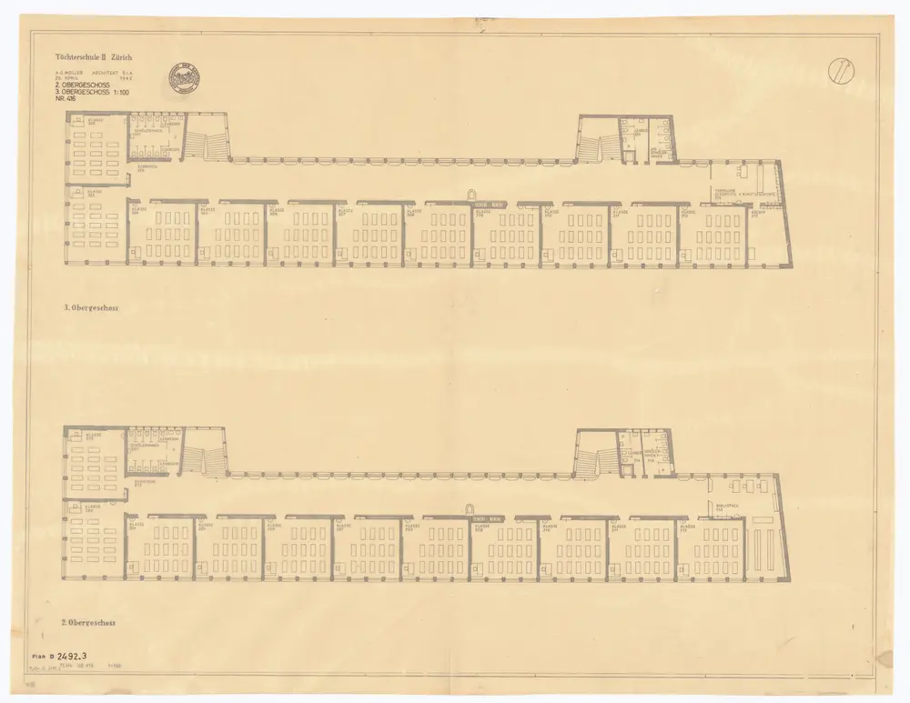 Töchterschule Hottingen: Ansichten und Grundrisse: 2. und 3. Stock; Grundrisse