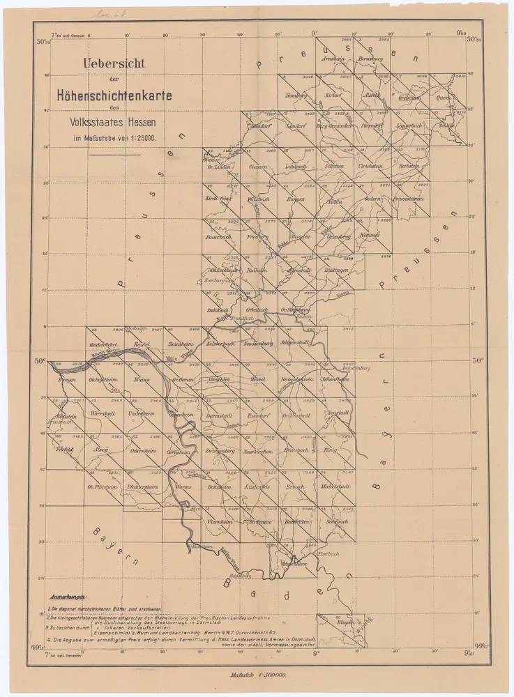 Uebersicht der Höhenschichtenkarte des Volksstaates Hessen im Massstabe von 1:25 000