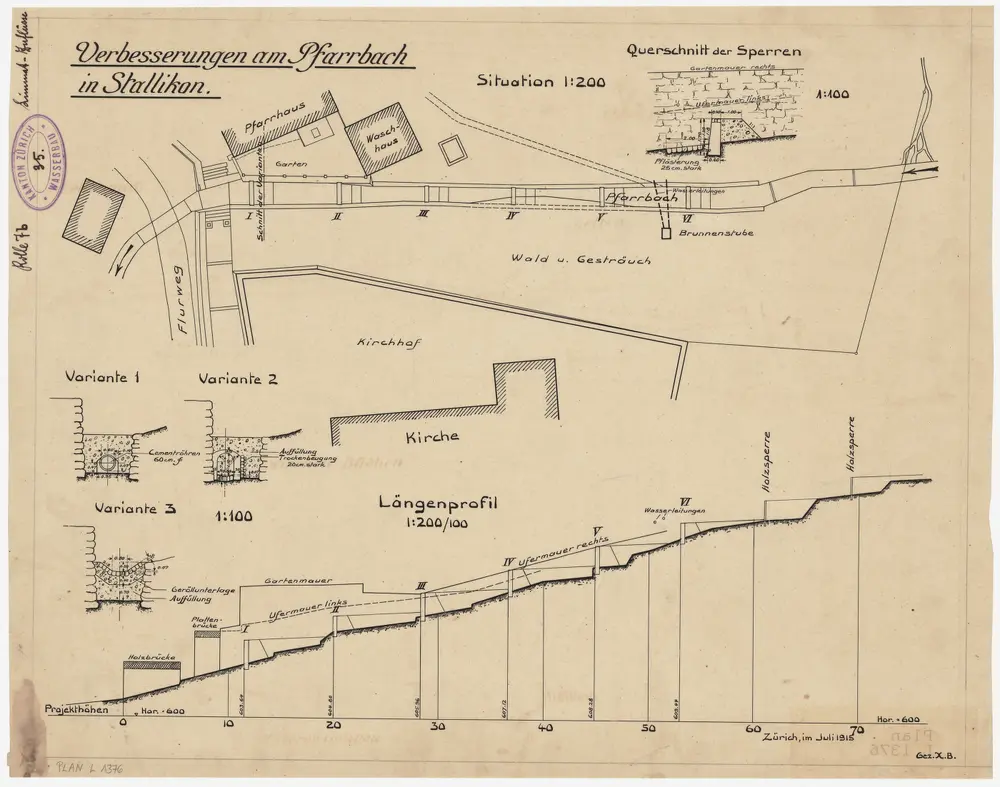 Stallikon: Pfarrbach bei der Kirche, Verbesserungen; Situationsplan, Längsprofil und Querschnitt