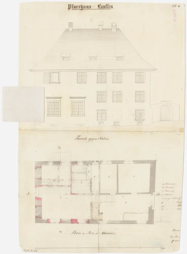 Laufen-Uhwiesen: Pfarrhaus Laufen, projektierter Umbau; Südansicht und Grundriss des Erdgeschosses (Nr. 6)