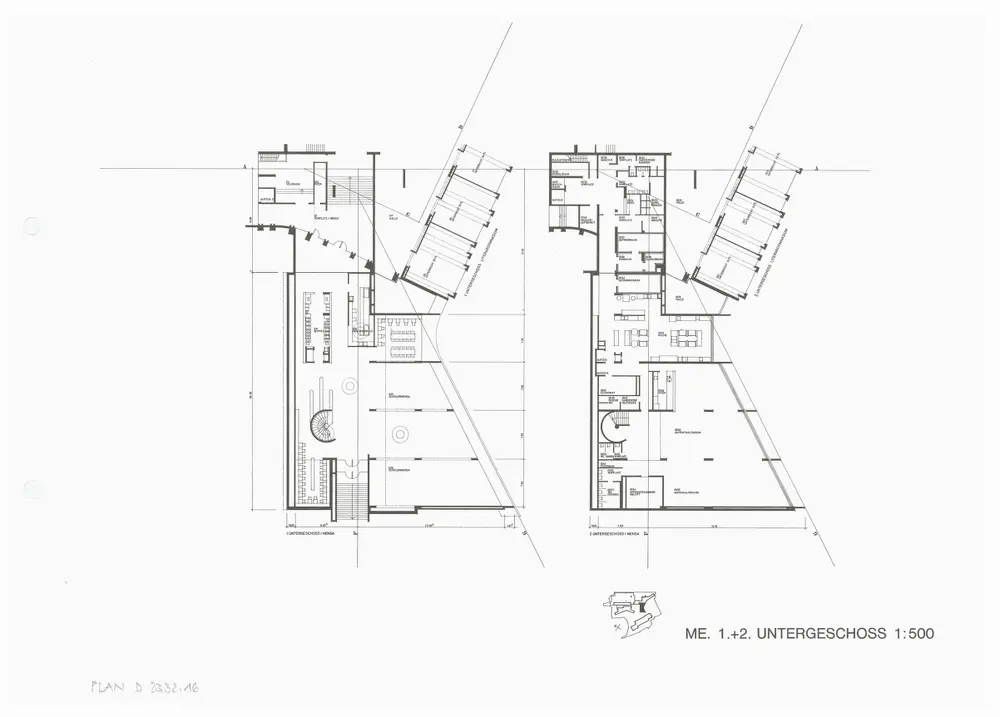 Kantonsschule Rämibühl: Ansichten, Grundrisse und Schnitte: Mensa: 1. und 2. Untergeschoss; Grundrisse