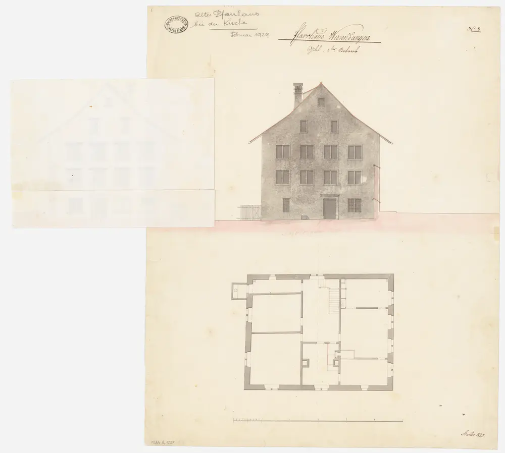 Wiesendangen: Altes Pfarrhaus bei der Kirche; Grundriss des 2. Stocks und Westansicht (Nr. 8)