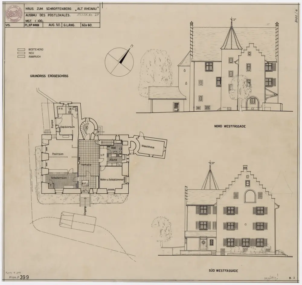 Heil- und Pflegeanstalt Alt-Rheinau: Haus zum Schroffenberg, Ausbau des Postlokals; Ansichten und Grundriss