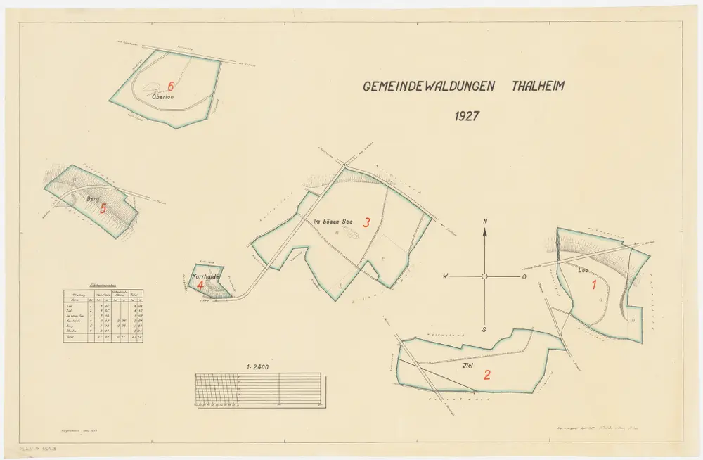 Thalheim an der Thur (früher Dorlikon): Gemeindewaldung: Thalheim an der Thur: Loo, Zil (Ziel), Bösensee (Im bösen See), Charhalden (Karrhalde), Berg, Oberloo; Grundrisse