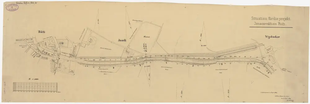 Rüti: Jona von der Einmündung der Schwarz bis Wydacker, projektierte Jonakorrektion; Situationsplan
