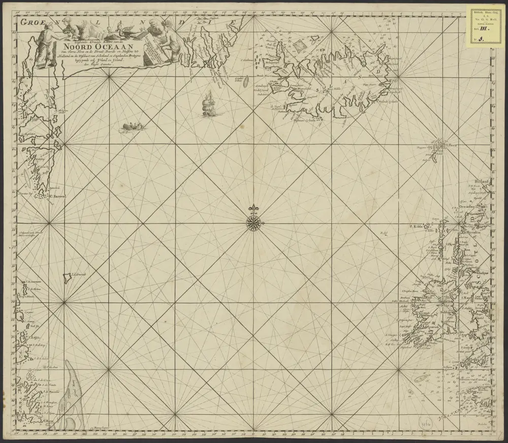 Wassende graade kaart van de Noord Oceaan van Terra Nova en de Straat Davids en Hudsons tot Hidland en de Westkust van Schotland en Engeland en Bretagne begrypende ook Yrland en Ysland