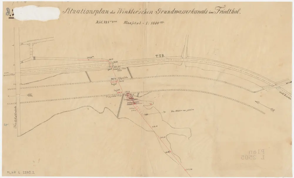 Wildberg, Turbenthal: Töss oberhalb der eisernen Brücke bei Friedthal, Grundwasserkanal von Winkler: Situationsplan (Töss-Gebiet Nr. 62 b)