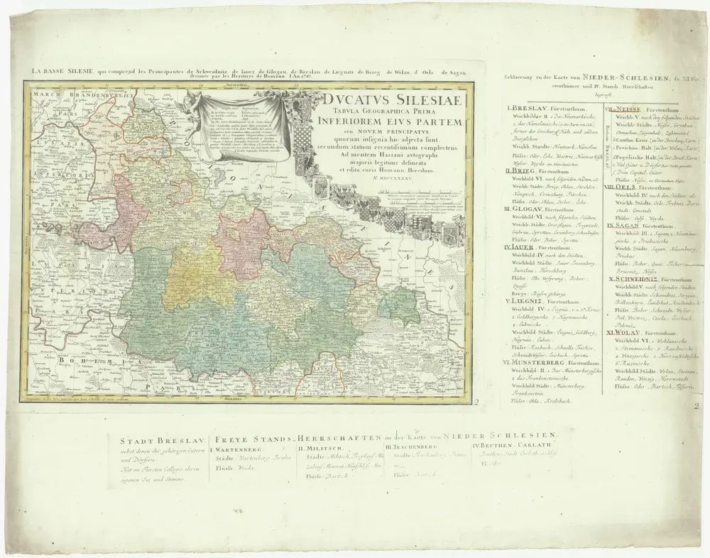 Dvcatvs Silesiae tabvla geographica prima, inferiorem eivs partem, seu novem principatvs, quorum insignia hic adjecta sunt, secundum statum recentissimum complectens