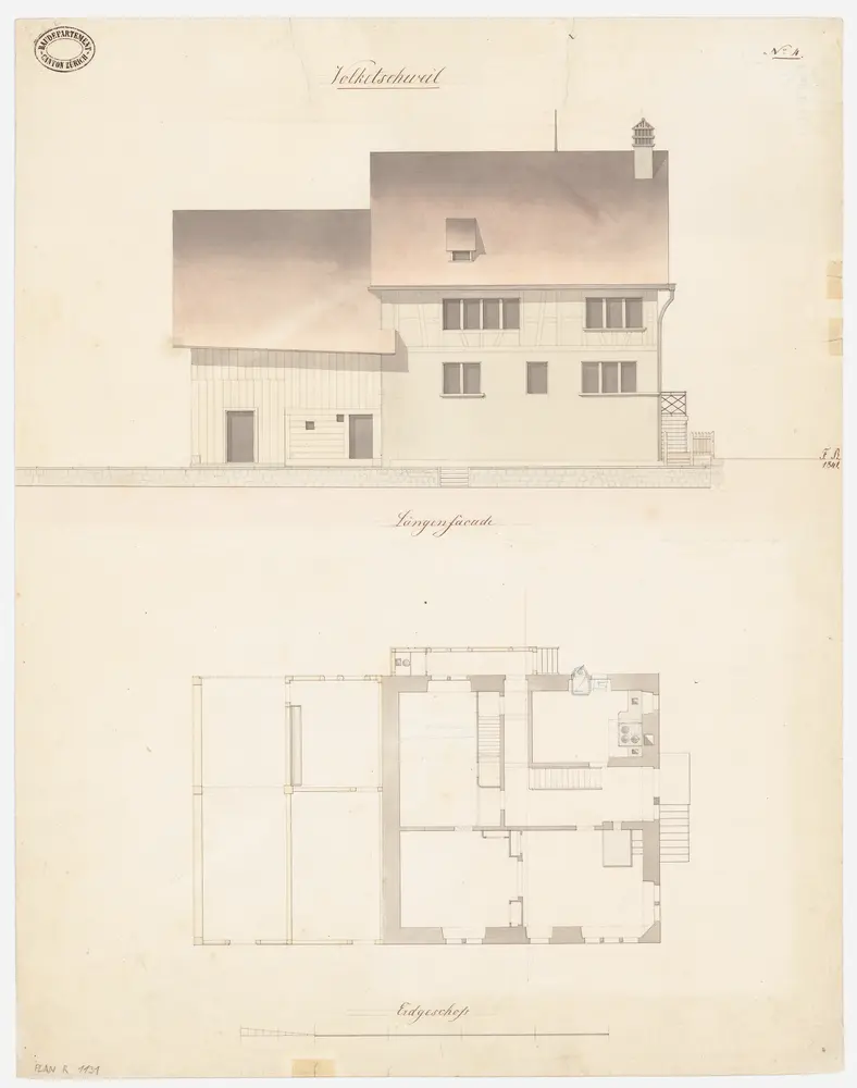 Volketswil: Pfarrhaus; Grundriss des Erdgeschosses und Ansicht (Nr. 4)