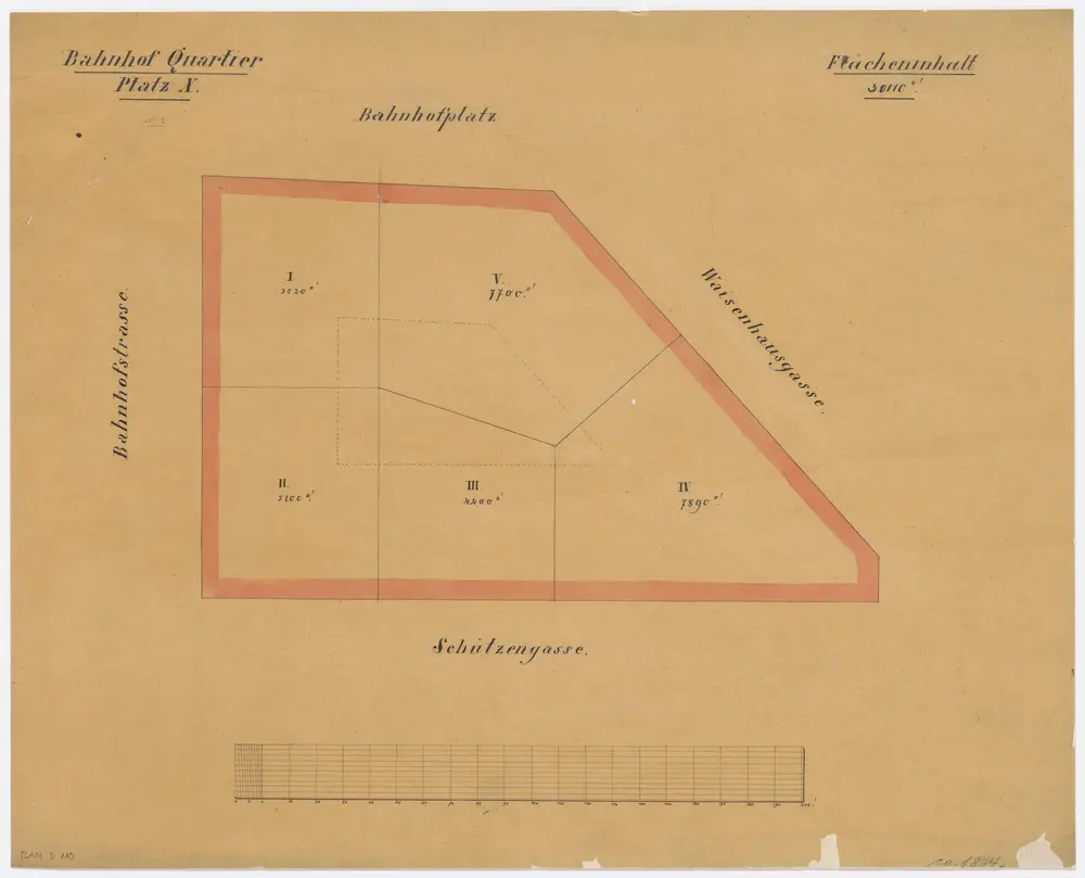 Bahnhofquartier, Bauabteilung 10, Gebäude an der Waisenhausgasse, Schützengasse, Bahnhofstrasse und am Bahnhofplatz: Einteilung der Bauplätze; Grundriss (Nr. 2)