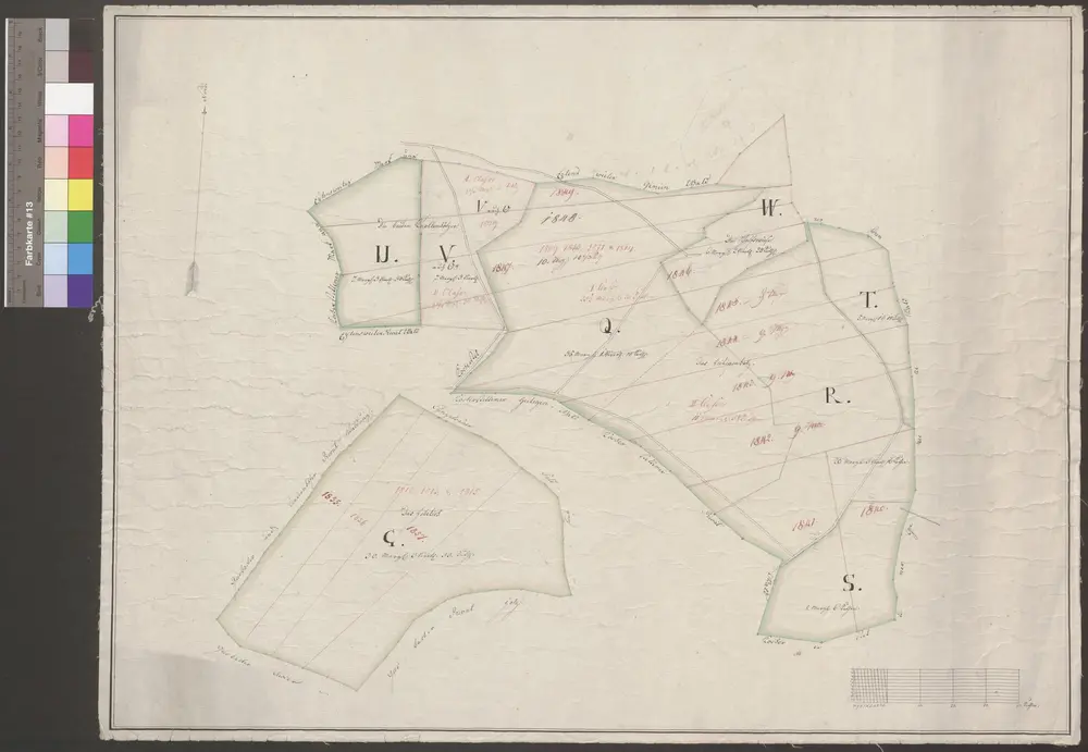 HZAN GA 100_Nr. 315_ : Oberhof (Kr. Öhringen); "Heiligenholz";ohne Verfasser;40 Ruten = 9,4 cm;67,5 x 50 cm; Norden oben;Papier auf Leinwand; Federzeichnung; Grenze farbig behandelt; Höhenschraffen.