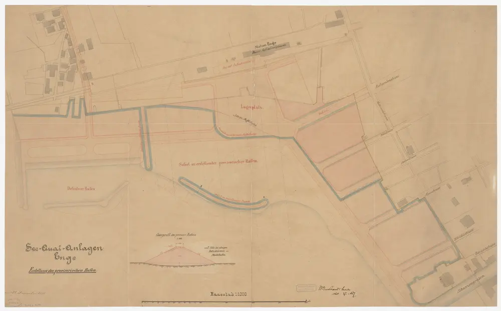 Enge: Linkes Zürichseeufer, Erstellung eines provisorischen Hafens, projektierte Quaianlage; Situationsplan und Querprofil (Zürichsee-Gebiet Nr. 6)