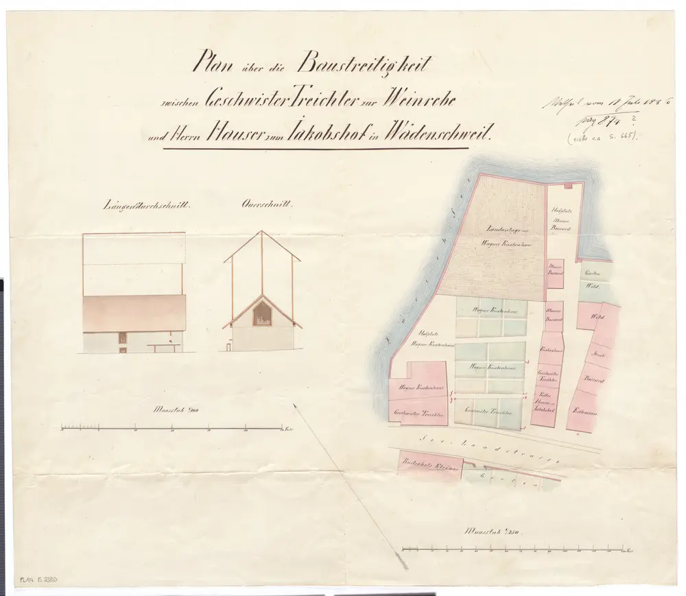 Wädenswil: Baustreitigkeit zwischen den Geschwistern Treichler zur Weinrebe und Herrn Hauser zum Jakobshof; Situationsplan und Schnitte (Nr. 23)
