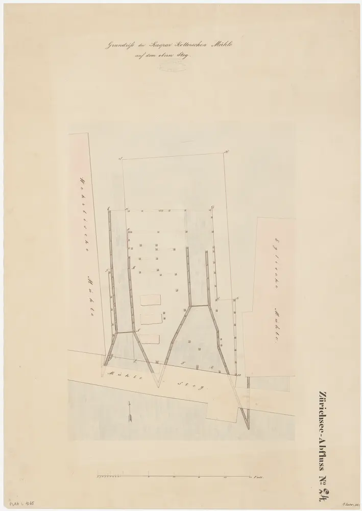 Zürich: Oberer Mühlesteg, Mühle Rohrdorf (früher Mühle Koller); Situationsplan und Grundriss (Zürichsee-Abfluss Nr. 24)