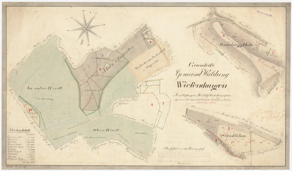 Wiesendangen, Oberwinterthur: Gemeinde- und Genossenschaftswaldungen: Wiesendangen: Gemeindewaldungen Im Unter Riet, Ifang (Einfang), Im Ober Riet, Eichwald im Riet, Holz vorder Buch, Holz hinter Buch, Tägerlen (Tägerloo), Ruchegg (Rauchegg) und Strüdliker (Strüdikon); Grundrisse