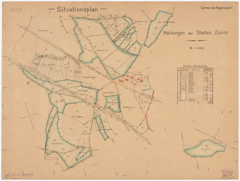 Regensdorf, Zürich: Staatswaldung Watt: Regensdorf: Burghölzli (Burgholz), Pöschholz (Böschholz), Bösbuck (Böschbuck), Brunnenhölzli (Brunnenholz), Eichwald, Rütenen, Tunkelmösli (Dunkelmösli), Chrähenriet (Krähenried), Seeacker Holz, Schlatt, Hausackerbuck, Stapfenbüel (Im Stapferbühl); Grundrisse