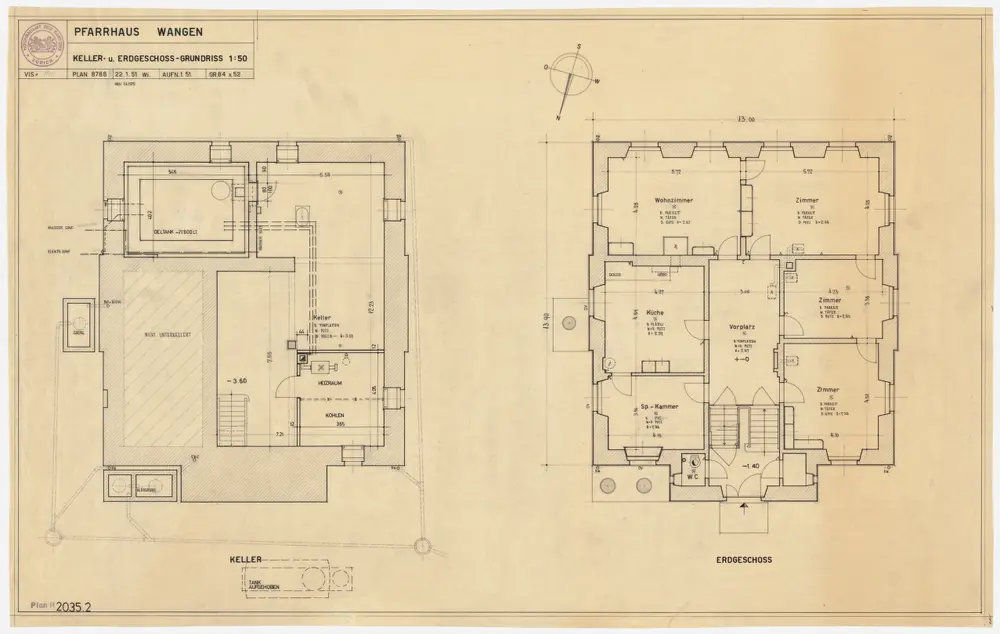 Wangen-Brüttisellen (damals Wangen): Pfarrhaus: Keller und Erdgeschoss; Grundrisse