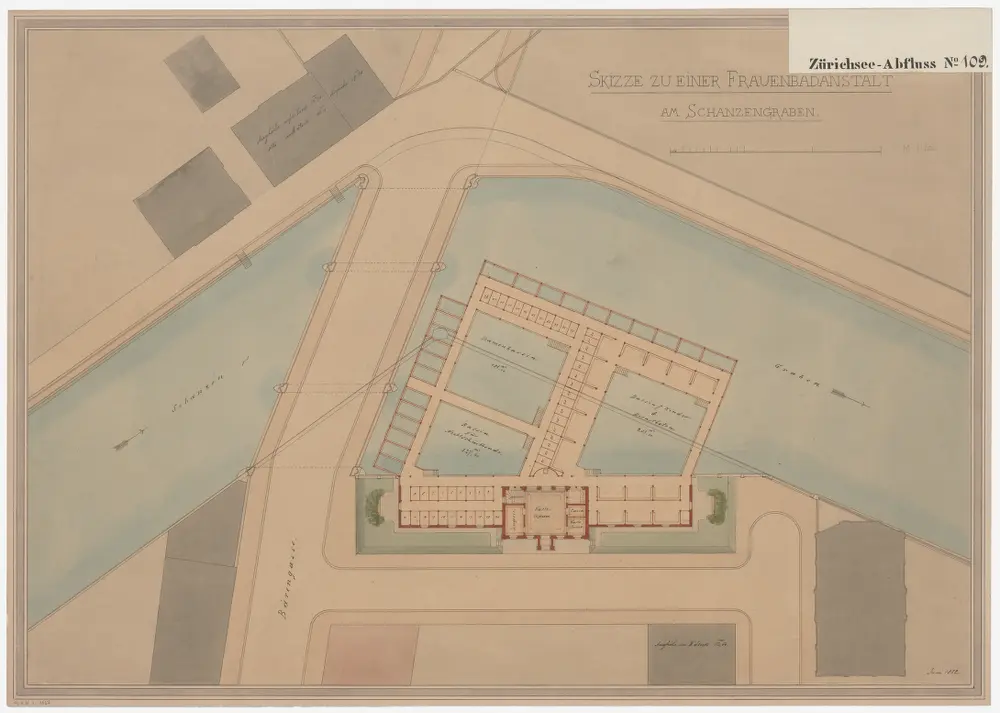 Zürich: Schanzengraben unterhalb der Bären-Brücke, projektierte Frauenbadeanstalt; Situationsplan (Zürichsee-Abfluss Nr. 109)