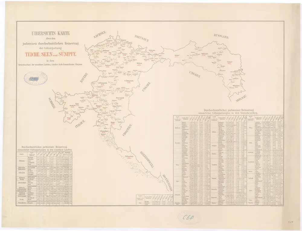 Uibersichts Karte über den jochweisen durchschnittlichen Reinertrag der Culturgattung Teiche, Seen und Sümpfe in den Grenzbezirken der einzelnen Landes u. Landes-Sub-Commissions-Rayons