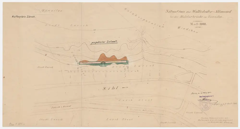 Zürich: Waffenplatz Zürich auf der Allmend, projektierter Zielwall bei der Militärbrücke im Gänziloo: Grundriss (Nr. 1 a)