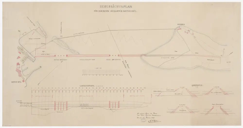 Freienbach SZ, Rapperswil SG: Seedamm über den Zürichsee; Situationsplan, Längsprofil und Querprofile (Zürichsee-Gebiet Nr. 3 a)