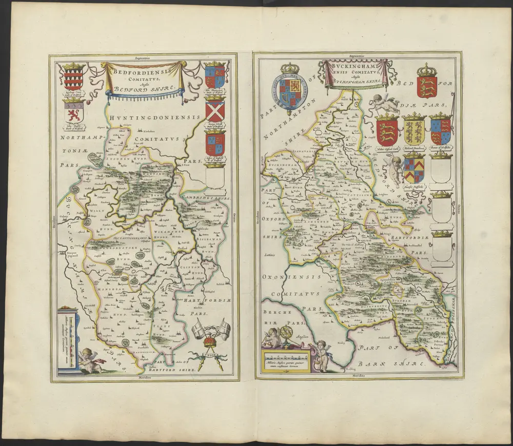 [Left] BEDFORDIENSIS | COMITATVS; | Anglis | BEDFORD SHIRE. [right] BVCKINGHAMI- | ENSIS COMITATVS; | Anglis | BUCKINGHAM SHIRE.