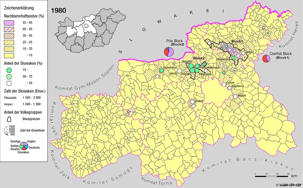 Siedlungsgebiet der Slowaken nach dem Nachbarschaftsindex für Mittel-Transdanubien 1980