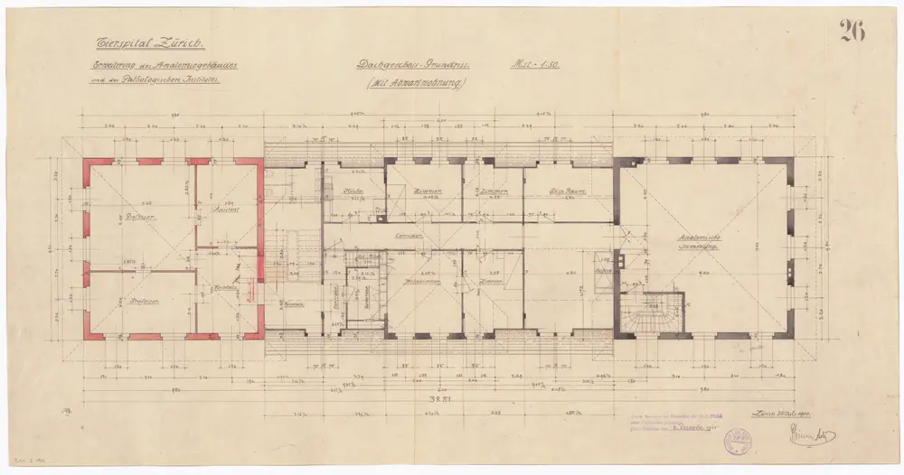 Tierspital, Selnaustrasse 32: Erweiterung des Anatomiegebäudes und des Pathologisches Instituts; Dachgeschoss mit Abwartwohnung; Grundriss