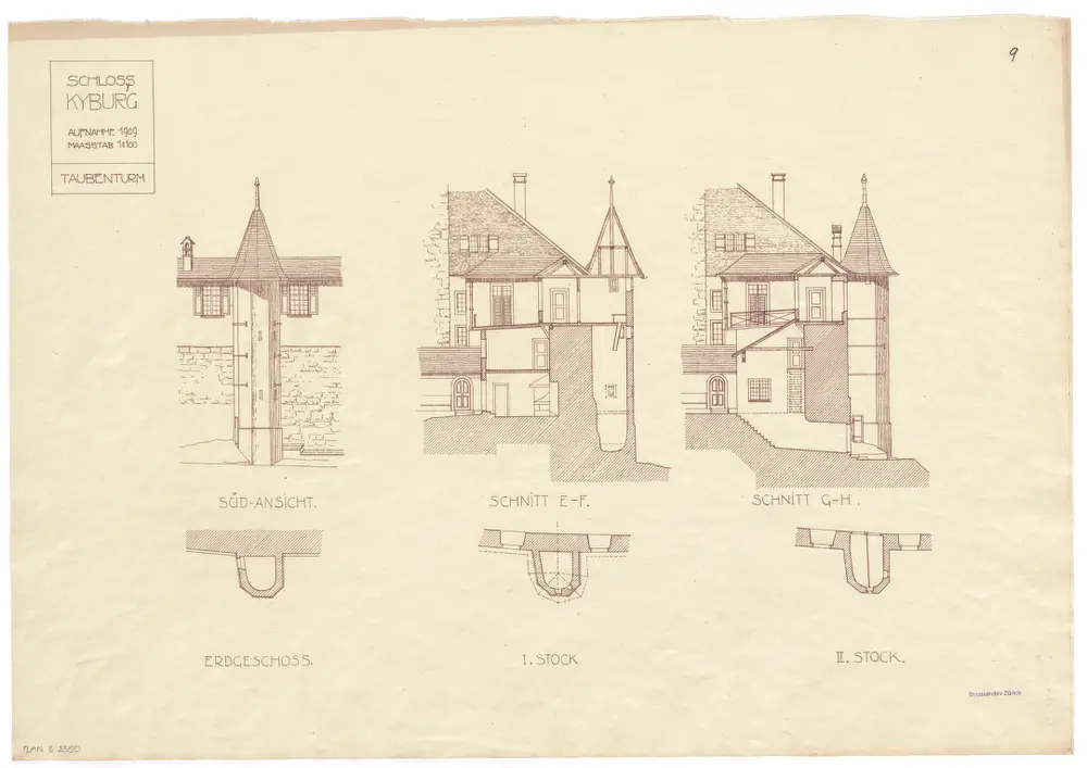 Kyburg: Schloss, Taubenturm, Südansicht, Erdgeschoss, I. Stock und II. Stock; Ansicht, Grundrisse und Schnitte