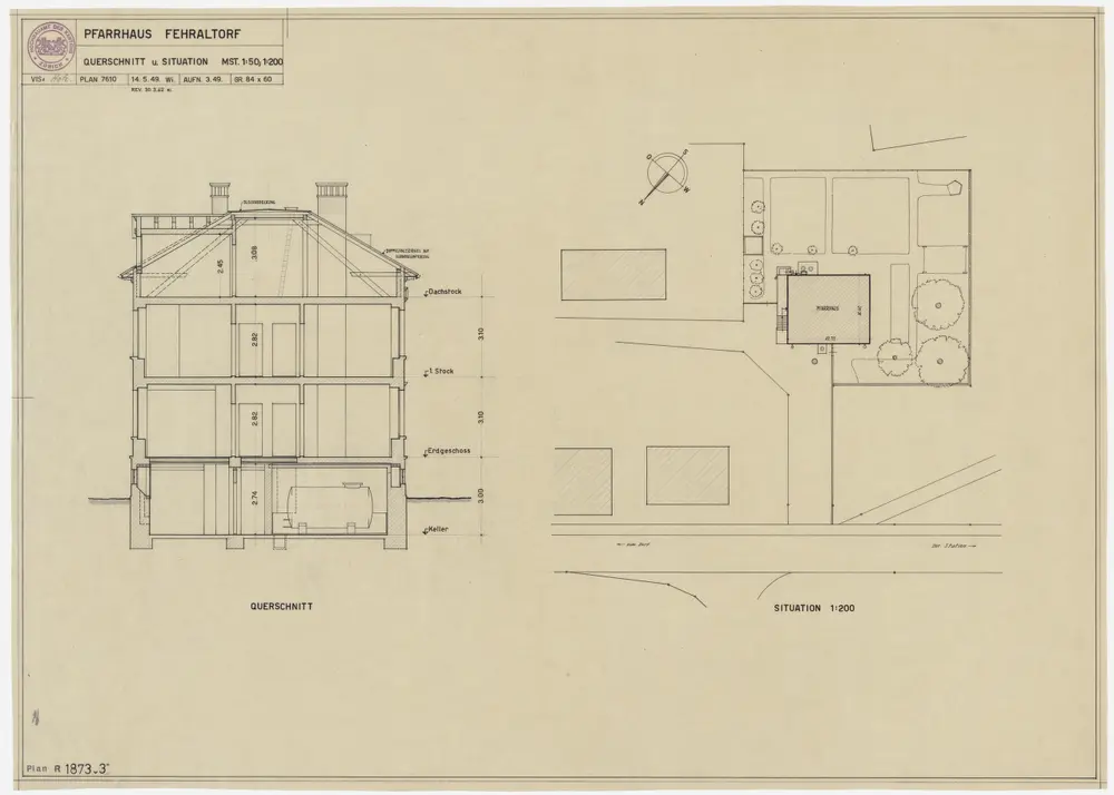 Fehraltorf: Pfarrhaus: Pfarrhaus und Umgebung; Grundriss und Querschnitt