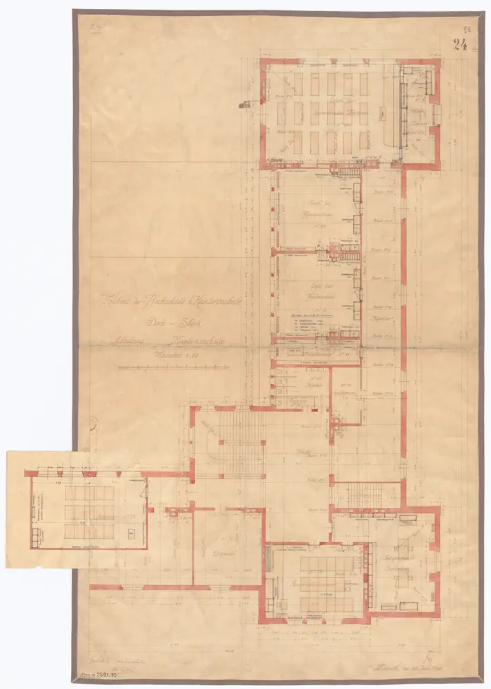 Universität Zürich (Chemisches Institut) und Kantonsschule Zürich, Neubau Rämistrasse 76: Grundrisse: Abteilung Kantonsschule, Dachstock; Grundriss