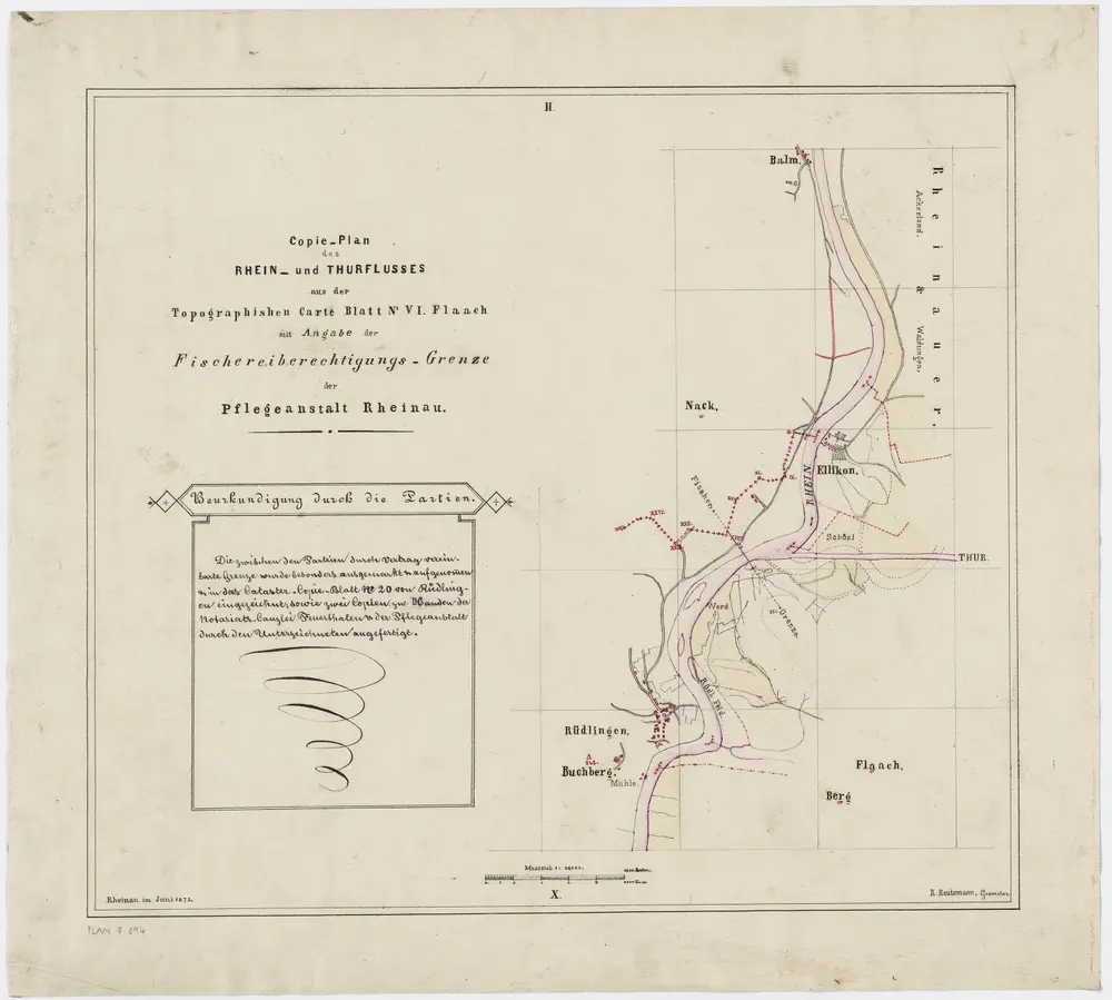Pflegeanstalt Rheinau: Rhein und Thur mit Angabe der Fischereiberechtigungsgrenze; Situationsplan