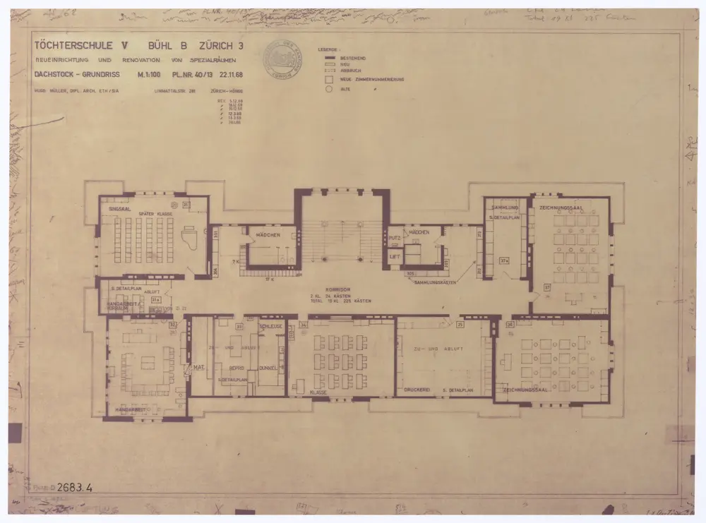 Töchterschule V Bühl B, Zürich-Wiedikon: Neueinrichtung und Renovation von Spezialräumen: Dachstock; Grundriss