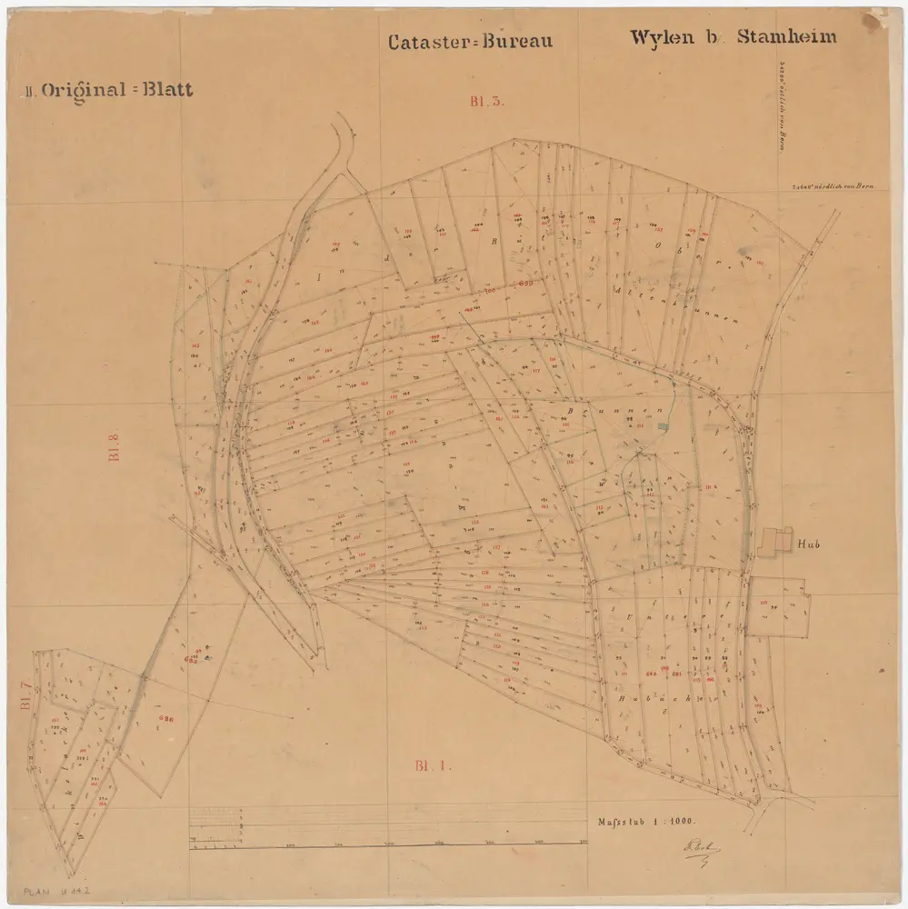 Oberstammheim: Wilen; Kataster-Originalpläne: Blatt II: In der Rüti, Ober Altenbrunnen, Brunnenwiesen, Brunnärgeten (Brunnergeten), Untere Huebäcker und Winkelacker; Situationsplan