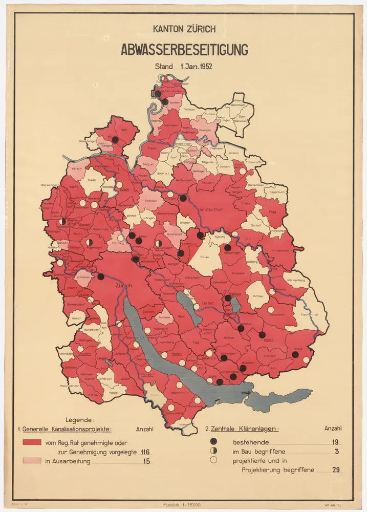 Kanton Zürich: Bestehende und projektierte Kanalisationen und Abwasserreinigungsanlagen, Zustand 01.01.1952; Übersichtskarte