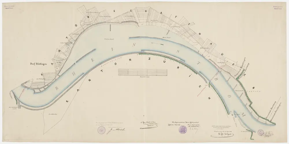 Rüdlingen SH und Flaach: Rhein, Fischereigerechtigkeitsgrenzen der Kantone Zürich und Schaffhausen; Situationsplan