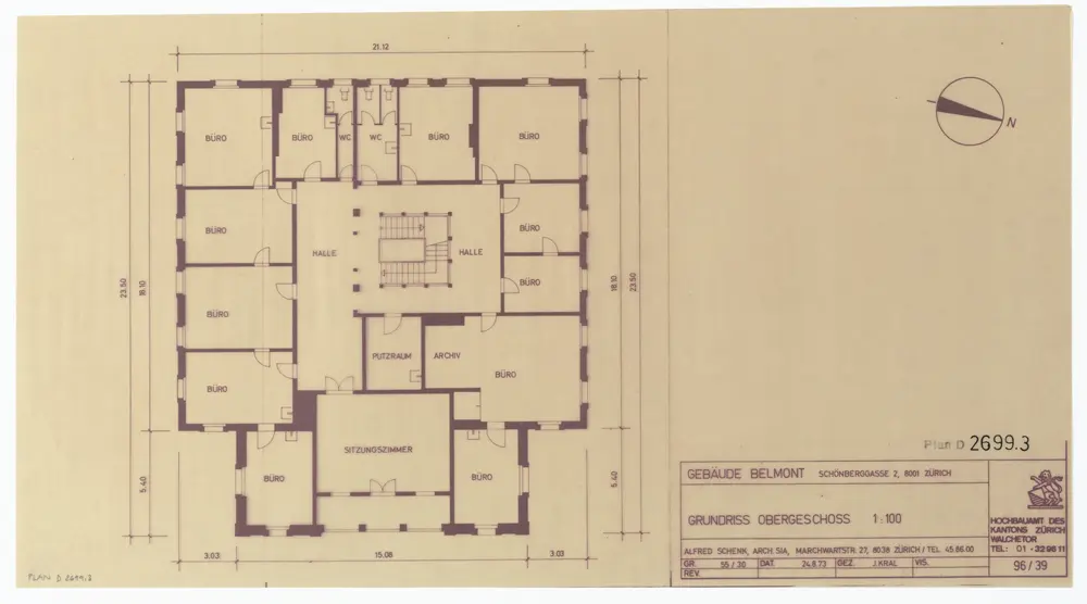 Haus Belmont, Rämistrasse 67: Grundrisse und Schnitt: Obergeschoss; Grundriss