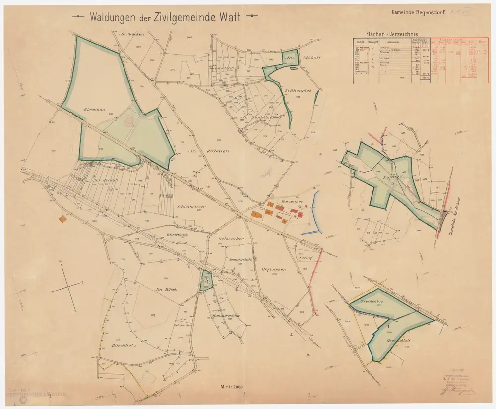 Regensdorf: Gemeindewaldung Watt: Ehrenhau, Mösli (Möösli), Chräenriet (Chreienriet, Krähenried), Eigental, Trockenloo, Hardhölzli, Husacherbuck (Hausackerbuck); Grundrisse